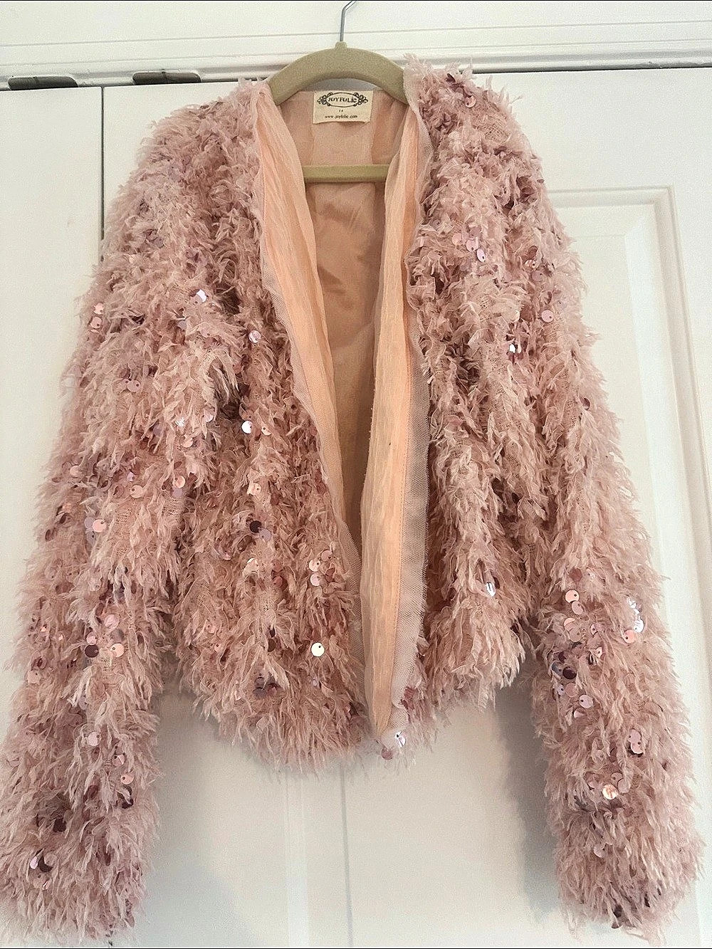 Joyfolie Pink Sequin Shag Jacket Size 14 Like New